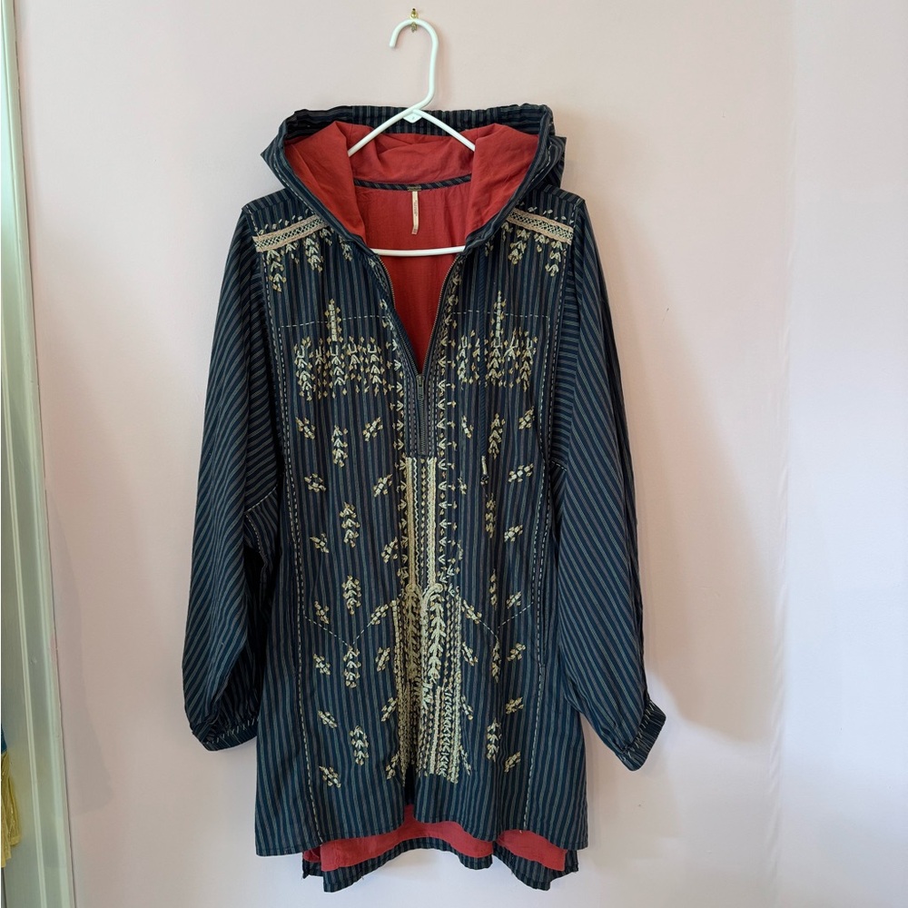 Free People Red and Blue Embroidered Hoodie Coat